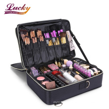 3-Layers Large Makeup Bag Train Case Travel Professional Cosmetic Organizer Bag with Adjustable Divider and gold zipper Black